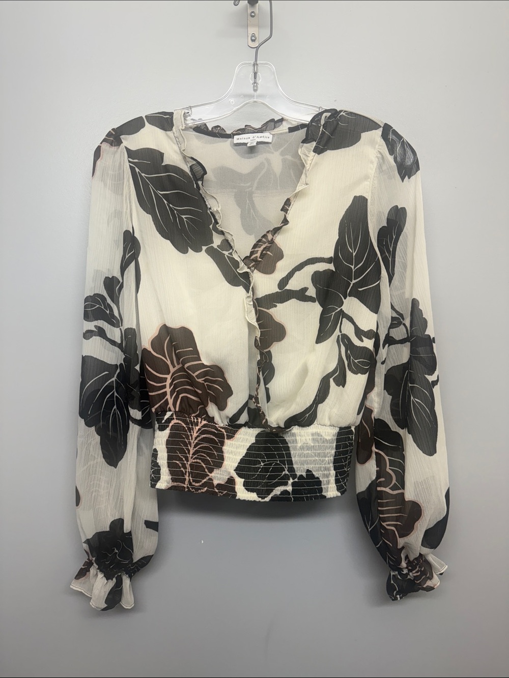 Maison d'Amelie Anthropologie Beige and Brown Boho Ruffle Smocked Top